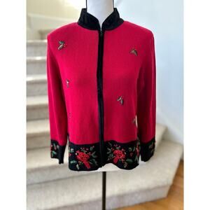 Vintage Red & Black Velvet Trim Embroidered Cardinal Zip Up Cardigan